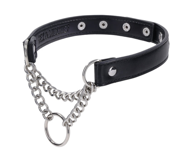 Sex & Mischief Shadow black leather day collar with silver chain and O-ring