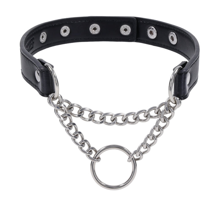 Sex & Mischief Shadow day collar, detail of chain and snap fasteners
