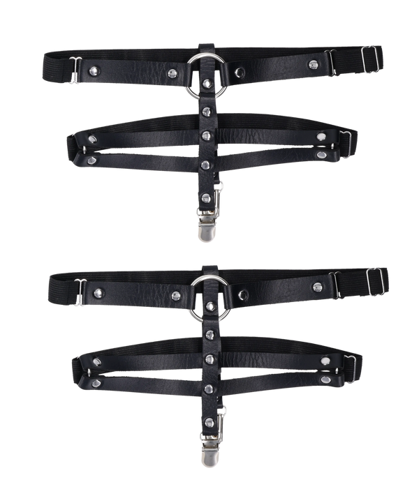 Sex & Mischief Shadow black leather garters with metal hardware