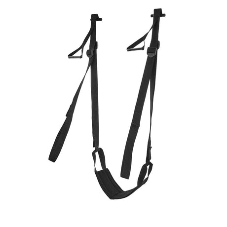 The SPORTSHEETS Door Jam Sex Sling is a durable black swing with two adjustable straps and padded sections for comfort. It features horizontal straps with clips for easy attachment and adjustable positions, offering a lightweight and utilitarian design.