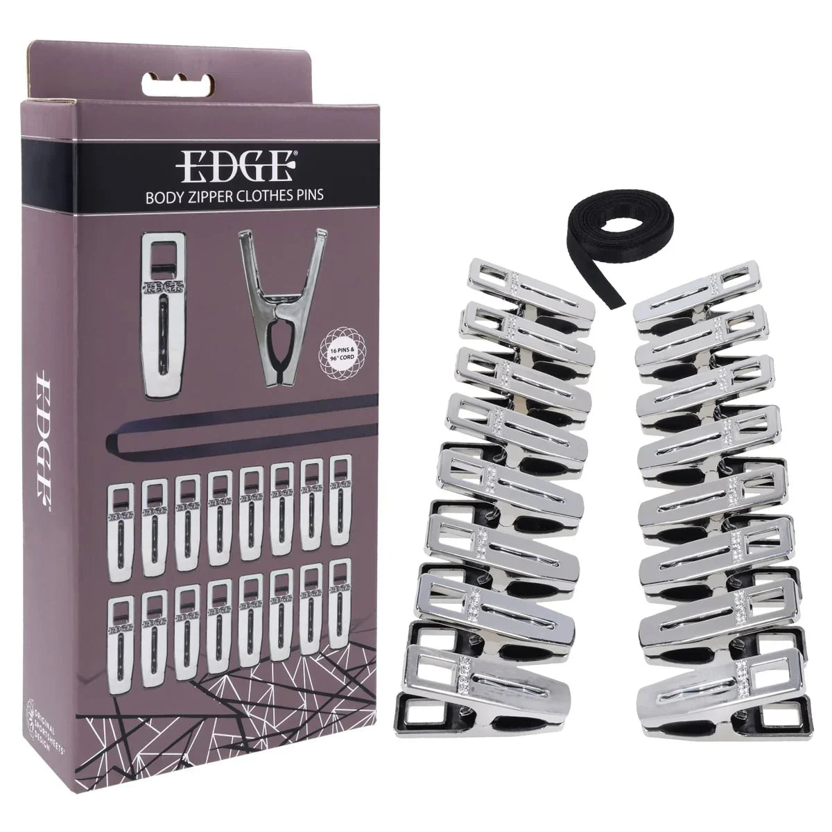 Sportsheets EDGE Body Zipper box with sixteen chrome sensation pins and the black cord laid out