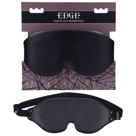 The EDGE Lights Out Blindfold, set against a purple and black geometric backdrop, is perfect for sensory play. Featuring adjustable straps and snaps, it promises an ultimate blackout experience. Its packaging showcases a triangular pattern.
