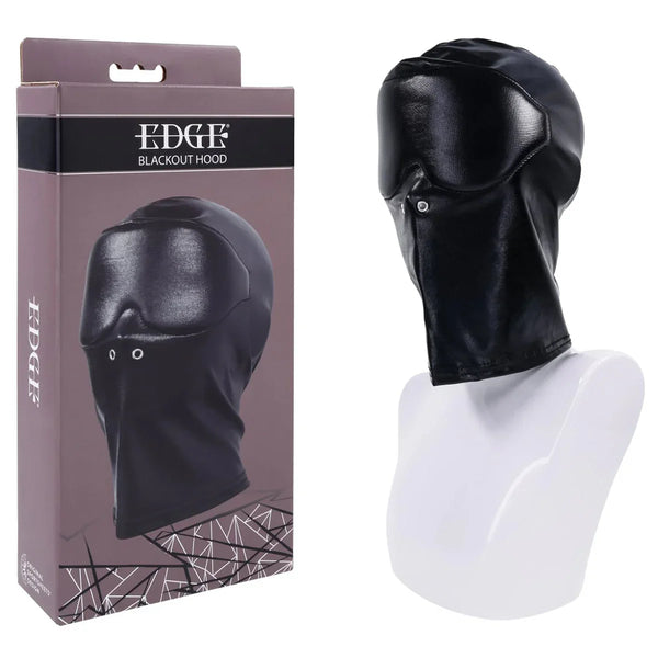 Sportsheets EDGE Blackout Hood in black on a mannequin head, beside its retail box