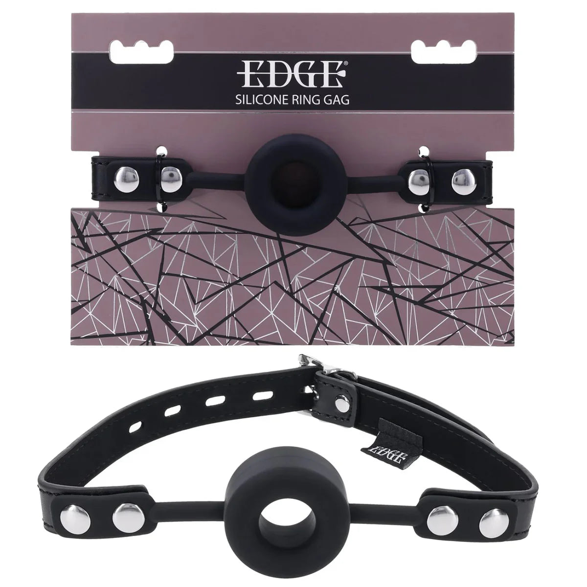 Sportsheets EDGE Silicone Ring Gag on its card, black hollow ball gag on a studded strap