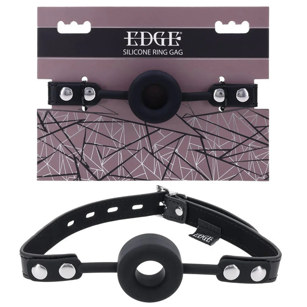 Sportsheets EDGE Silicone Ring Gag on its card, black hollow ball gag on a studded strap