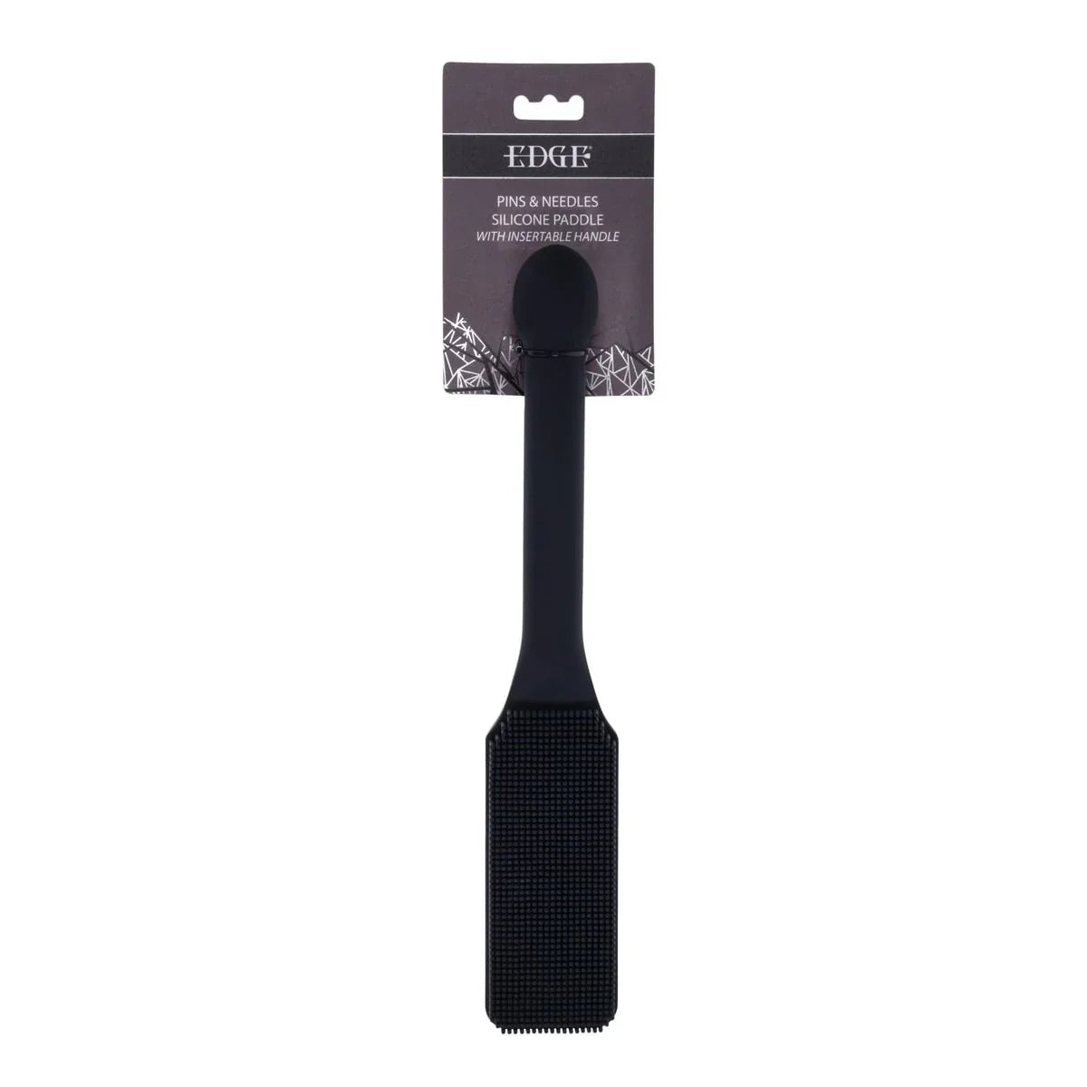 Sportsheets EDGE Pins & Needles Silicone Paddle on its hang card, fine-pin textured black blade