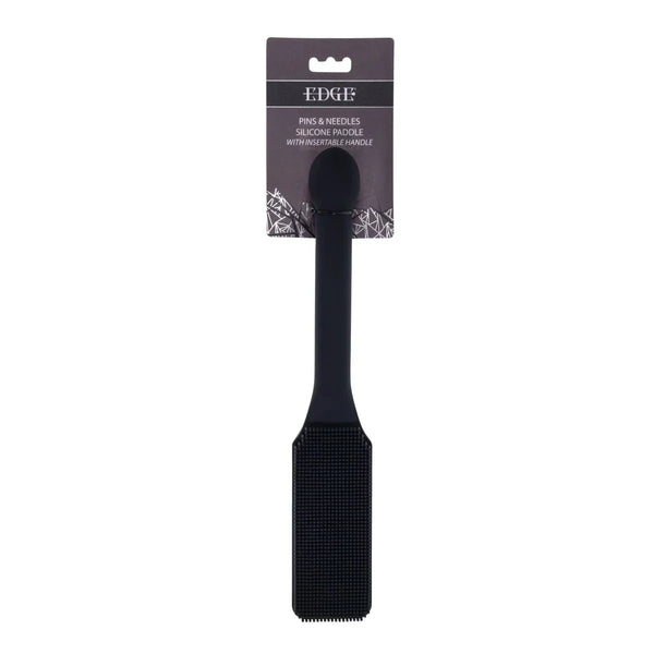 Sportsheets EDGE Pins & Needles Silicone Paddle on its hang card, fine-pin textured black blade