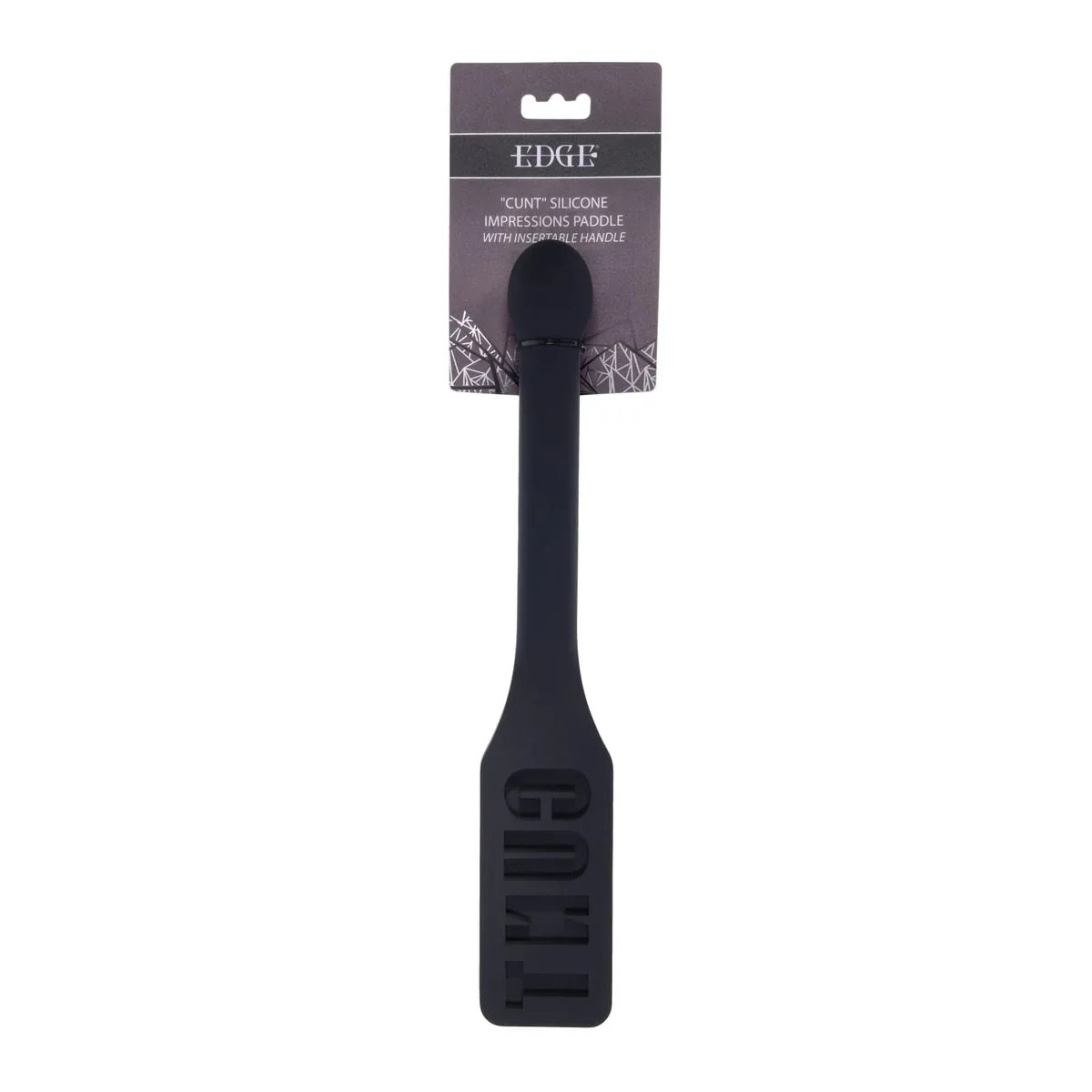 Sportsheets EDGE CUNT Silicone Paddle in black on its hang card, raised lettering on the blade