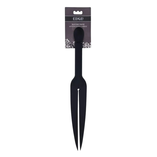 Sportsheets EDGE Silicone Tawse Whip in black on its hang card, split two-tail blade
