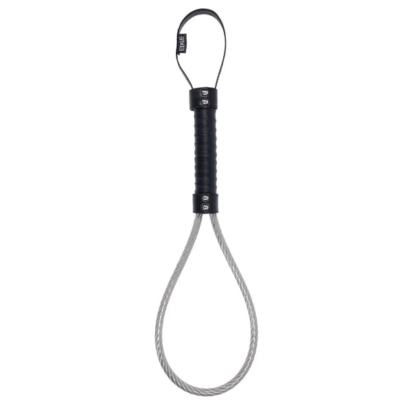 Sportsheets EDGE Metal Loop Spanking Whip: black wrapped handle with a flexible steel loop