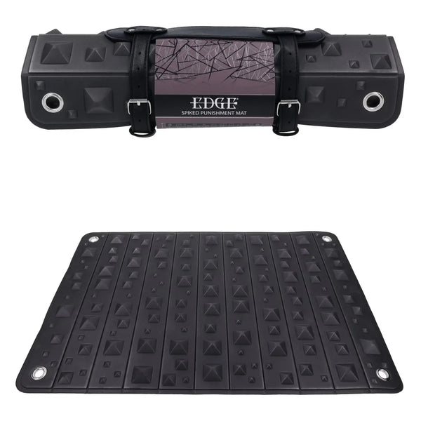Sportsheets EDGE Spiked Punishment Mat rolled with carry straps, and unrolled showing pyramid studs