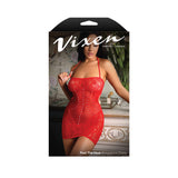 The VIXEN FEEL THE HEAT - 1Size - Red - One Size packaging features a model in a rhinestone-embellished strapless red lace dress with a cutout back. The ornate backdrop highlights the branding and elegantly displays Feel The Heat Rhinestone Dress below.