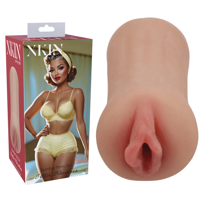 XKIN PinUp Girls Bettie Blowkiss Stroker, retail box beside the moulded tan sleeve