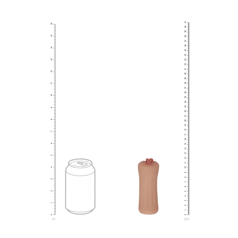 XKIN PinUp Girls Bettie Blowkiss Stroker, scale diagram sizing the sleeve against a drink can