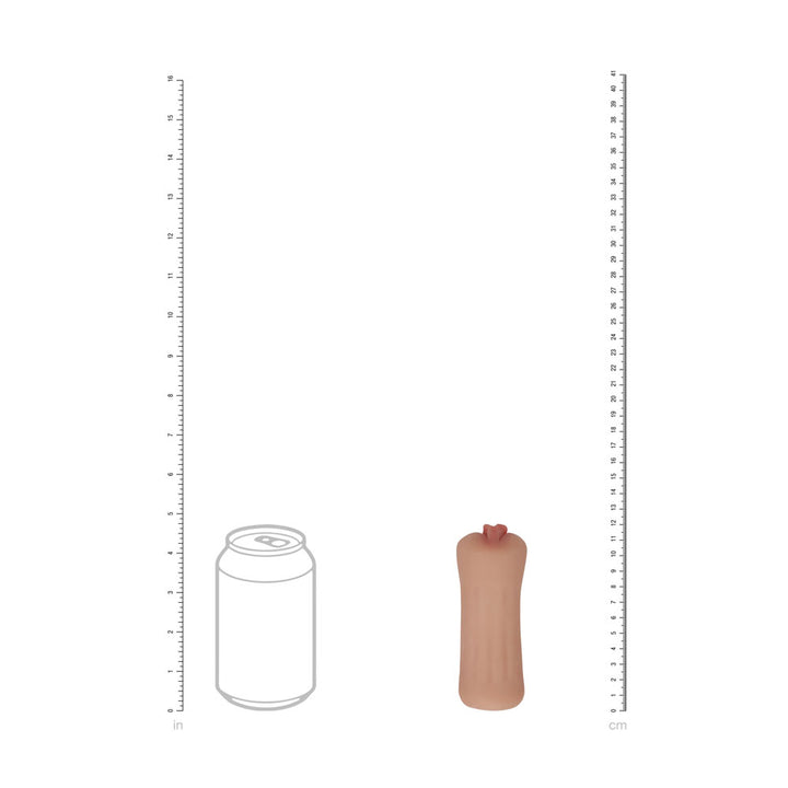 XKIN PinUp Girls Bettie Blowkiss Stroker, scale diagram sizing the sleeve against a drink can