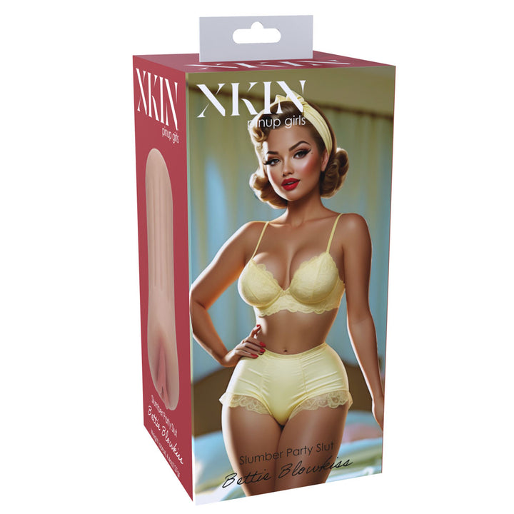 XKIN PinUp Girls Bettie Blowkiss Stroker, front of the retail box picturing the pin-up Bettie tan character