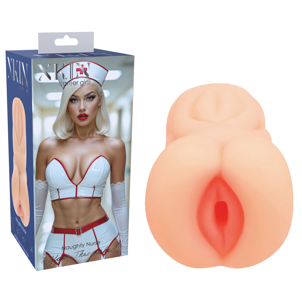 XKIN PinUp Girls Tiffany Throatcheck Stroker, retail box beside the moulded flesh-tone sleeve