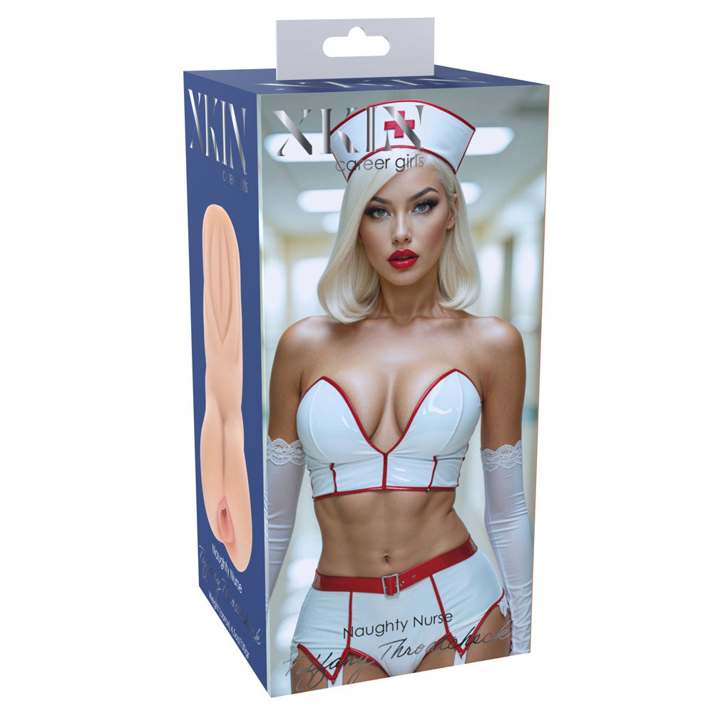 XKIN PinUp Girls Tiffany Throatcheck Stroker, front of the retail box picturing the Naughty Nurse character