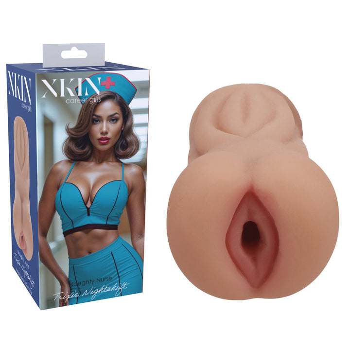 XKIN PinUp Girls Trixie Nightshift Stroker, retail box beside the moulded tan sleeve