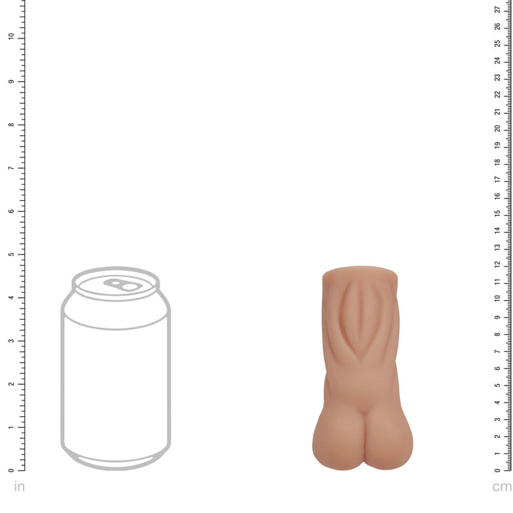 XKIN PinUp Girls Trixie Nightshift Stroker, scale diagram sizing the sleeve against a drink can