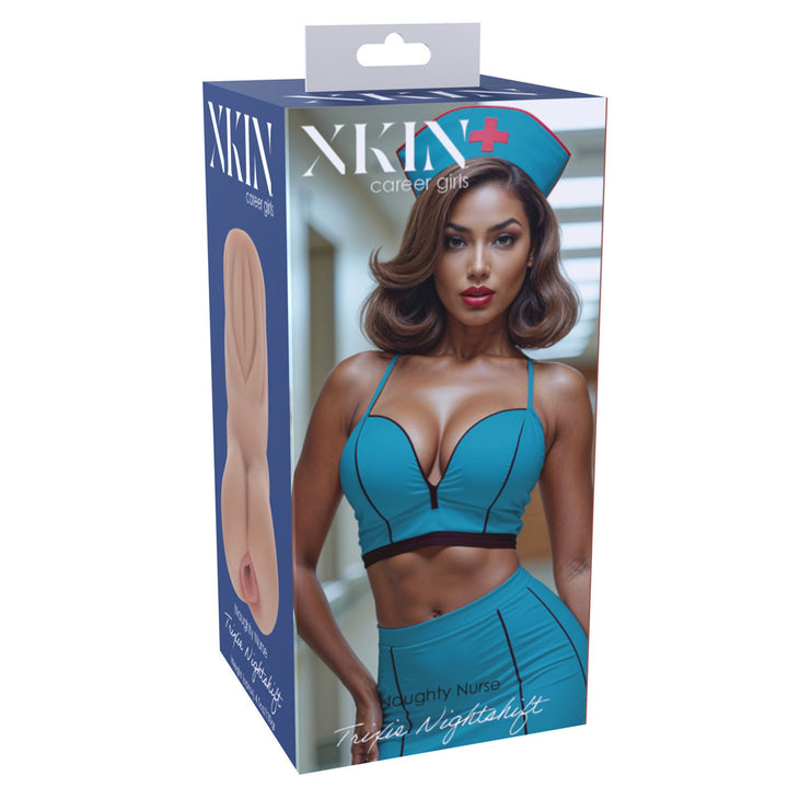 XKIN PinUp Girls Trixie Nightshift Stroker, front of the retail box picturing the Trixie Nightshift tan character