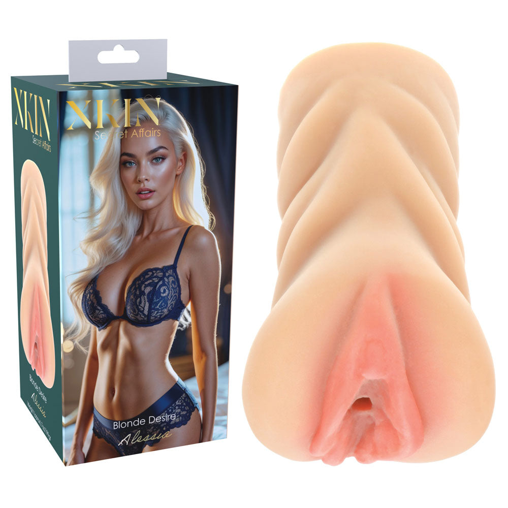 XKIN Secret Affairs Alessia Stroker, retail box beside the moulded flesh-tone sleeve