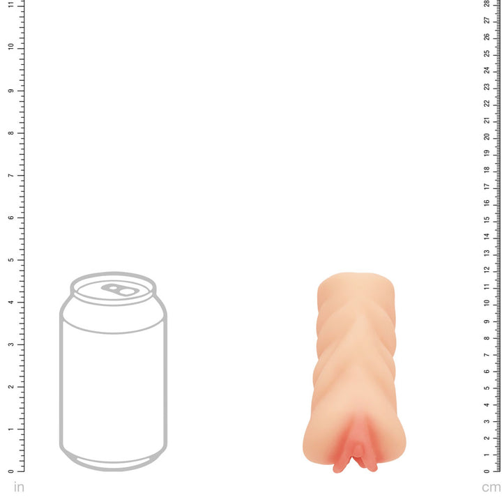 XKIN Secret Affairs Alessia Stroker, scale diagram sizing the sleeve against a drink can
