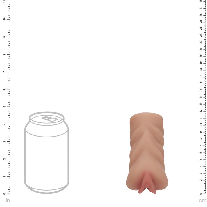 XKIN Secret Affairs Celeste Stroker, scale diagram sizing the sleeve against a drink can