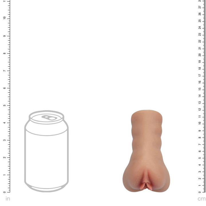 XKIN Career Girls Lacey Dustandride Stroker, scale diagram sizing the sleeve against a drink can