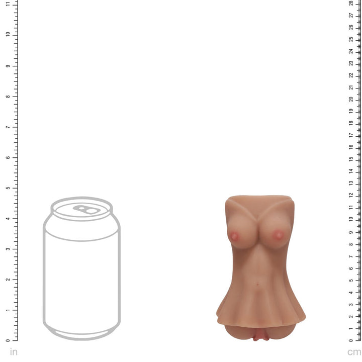XKIN Secret Affairs Amara Stroker, scale diagram sizing the torso sleeve against a drink can