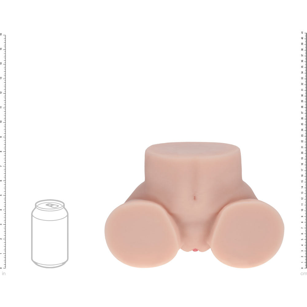 XKIN Bodyforms Rina Brooks Stroker, scale diagram sizing the torso against a drink can and rulers