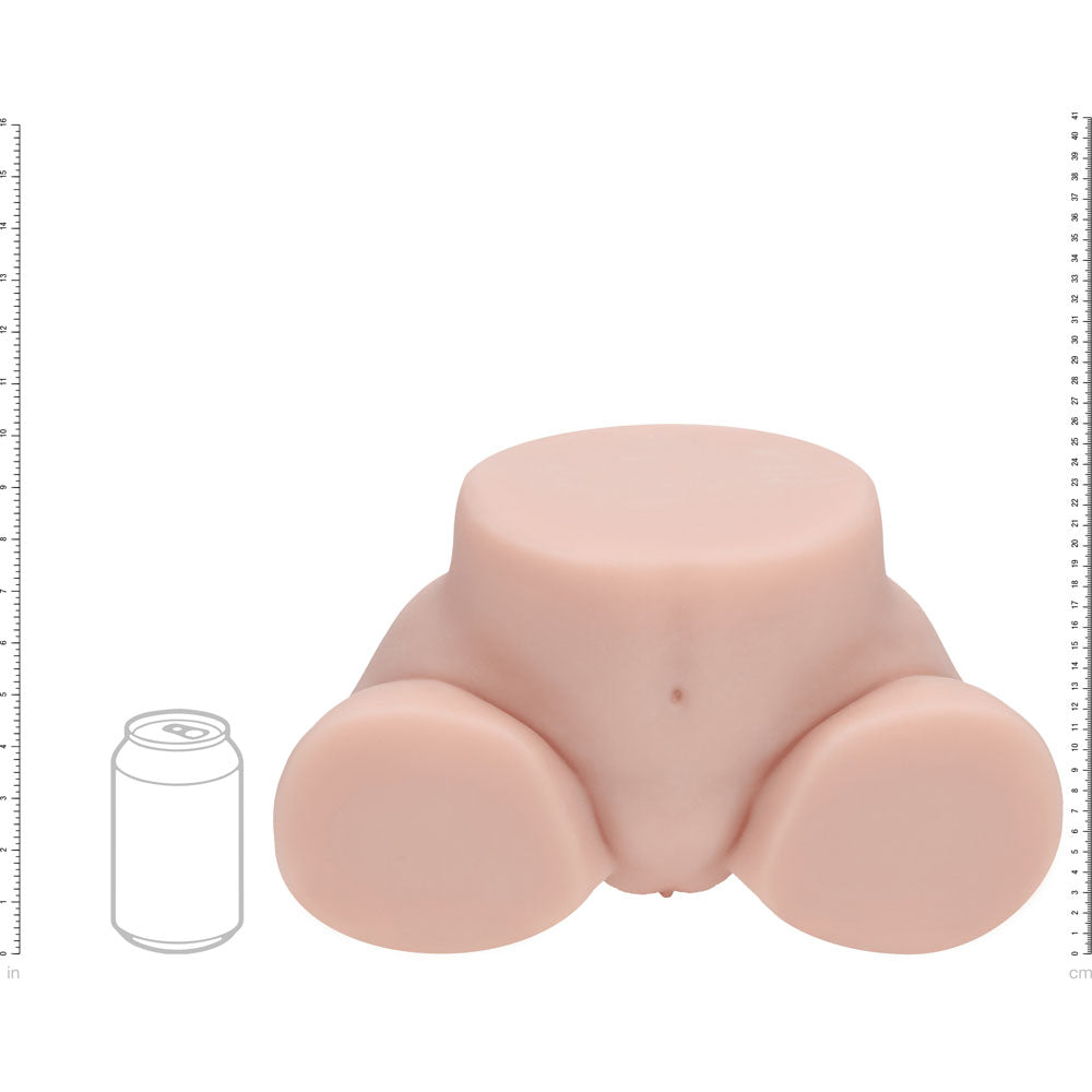 XKIN Bodyforms Vivica Lenore Stroker, scale diagram sizing the torso against a drink can and rulers