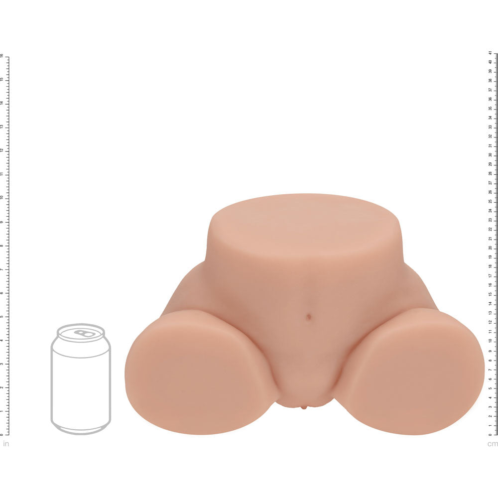XKIN Bodyforms Lux Arden Stroker, scale diagram sizing the torso against a drink can and rulers