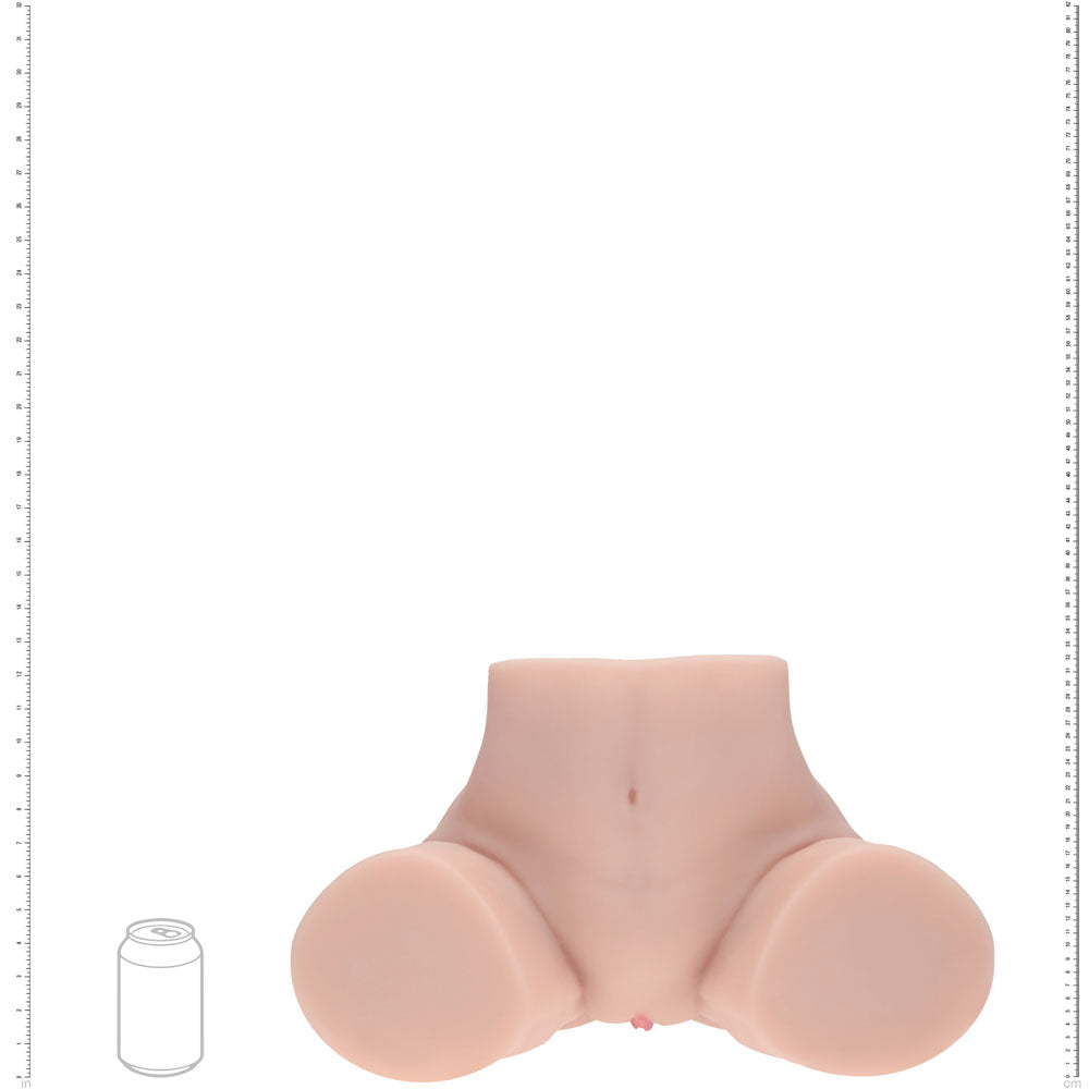 XKIN Bodyforms Vera Dawn Stroker, scale diagram sizing the torso against a drink can and rulers