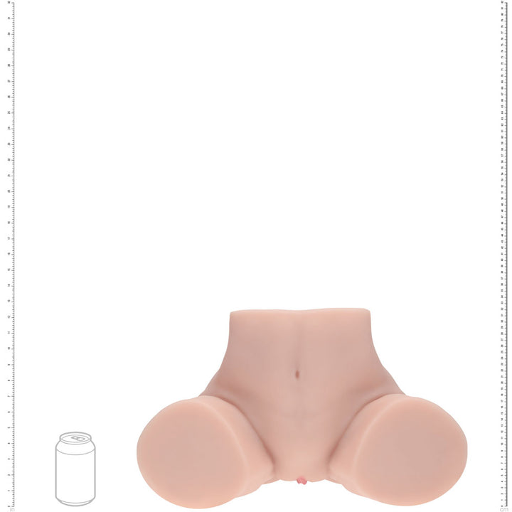 XKIN Bodyforms Vera Dawn Stroker, scale diagram sizing the torso against a drink can and rulers