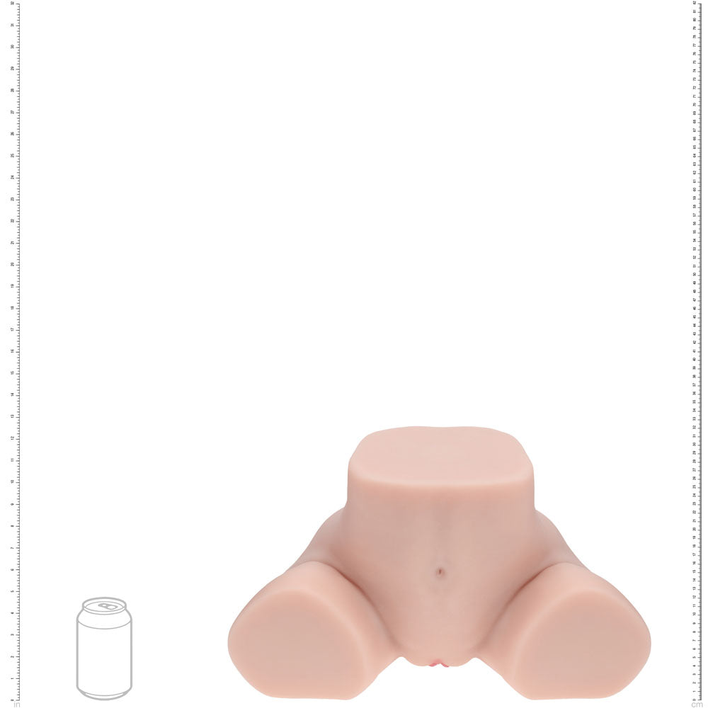 XKIN Bodyforms Elina Rosewood Stroker, scale diagram sizing the torso against a drink can and rulers