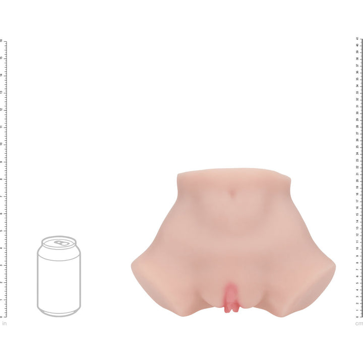 XKIN Bodyforms Aria Summers Stroker, scale diagram sizing the torso against a drink can and rulers