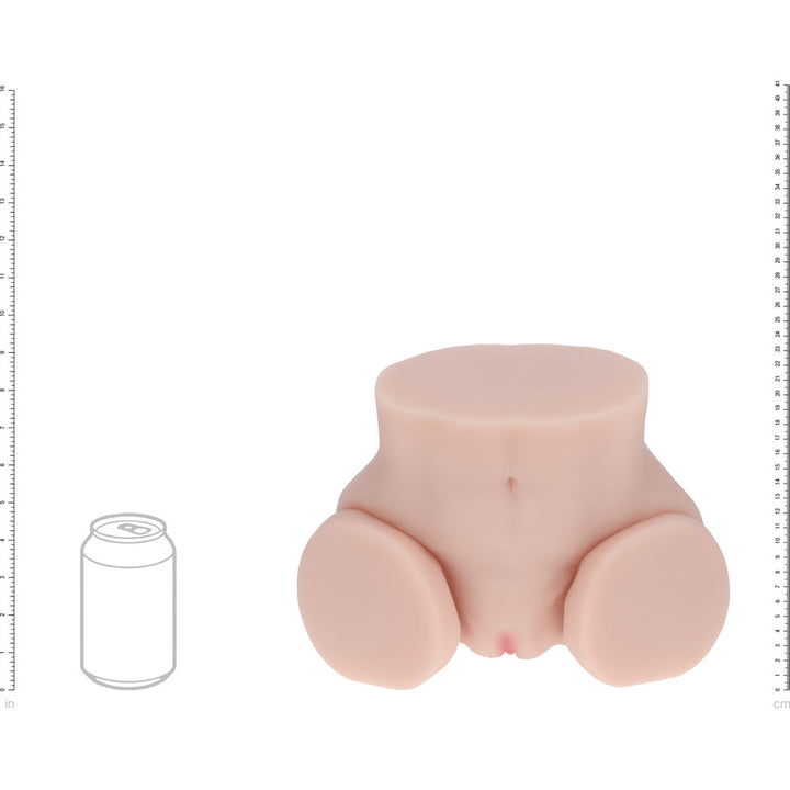 XKIN Bodyforms Mia Hart Stroker, scale diagram sizing the torso against a drink can and rulers