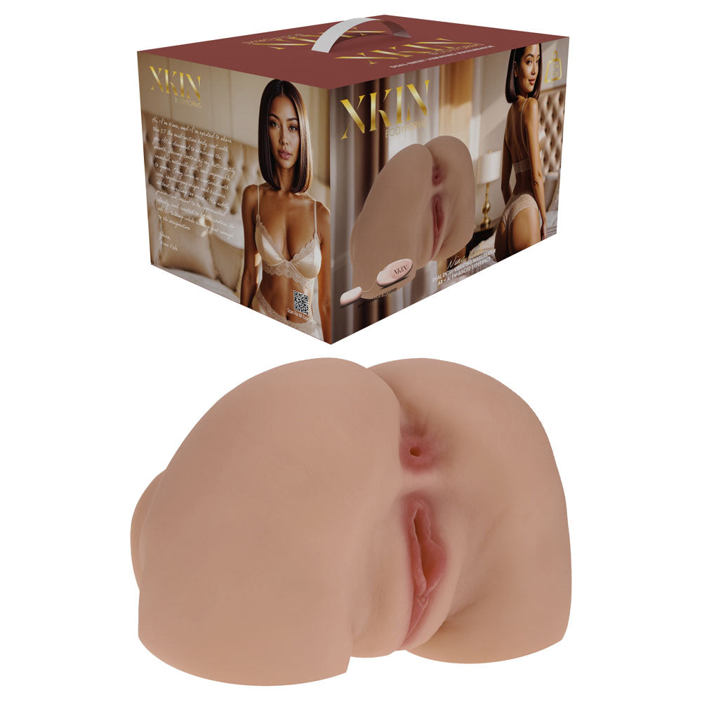 XKIN Bodyforms Nina Vale Stroker, cube gift box above the flesh-tone hip torso, seen at an angle