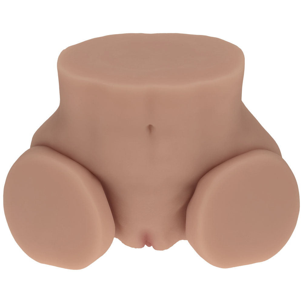 XKIN Bodyforms Nina Vale Stroker, front three-quarter view with the vulva at the base of the belly
