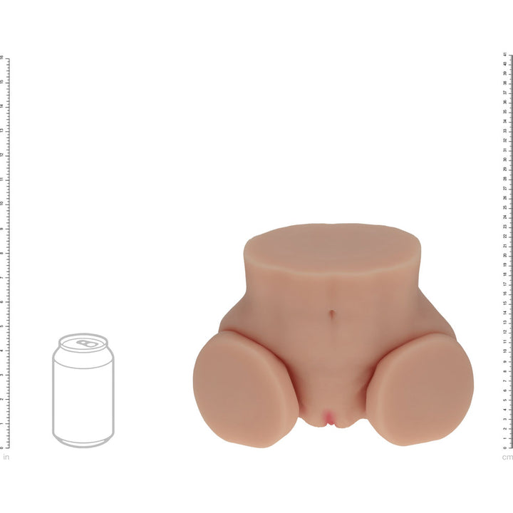 XKIN Bodyforms Nina Vale Stroker, scale diagram sizing the torso against a drink can and rulers