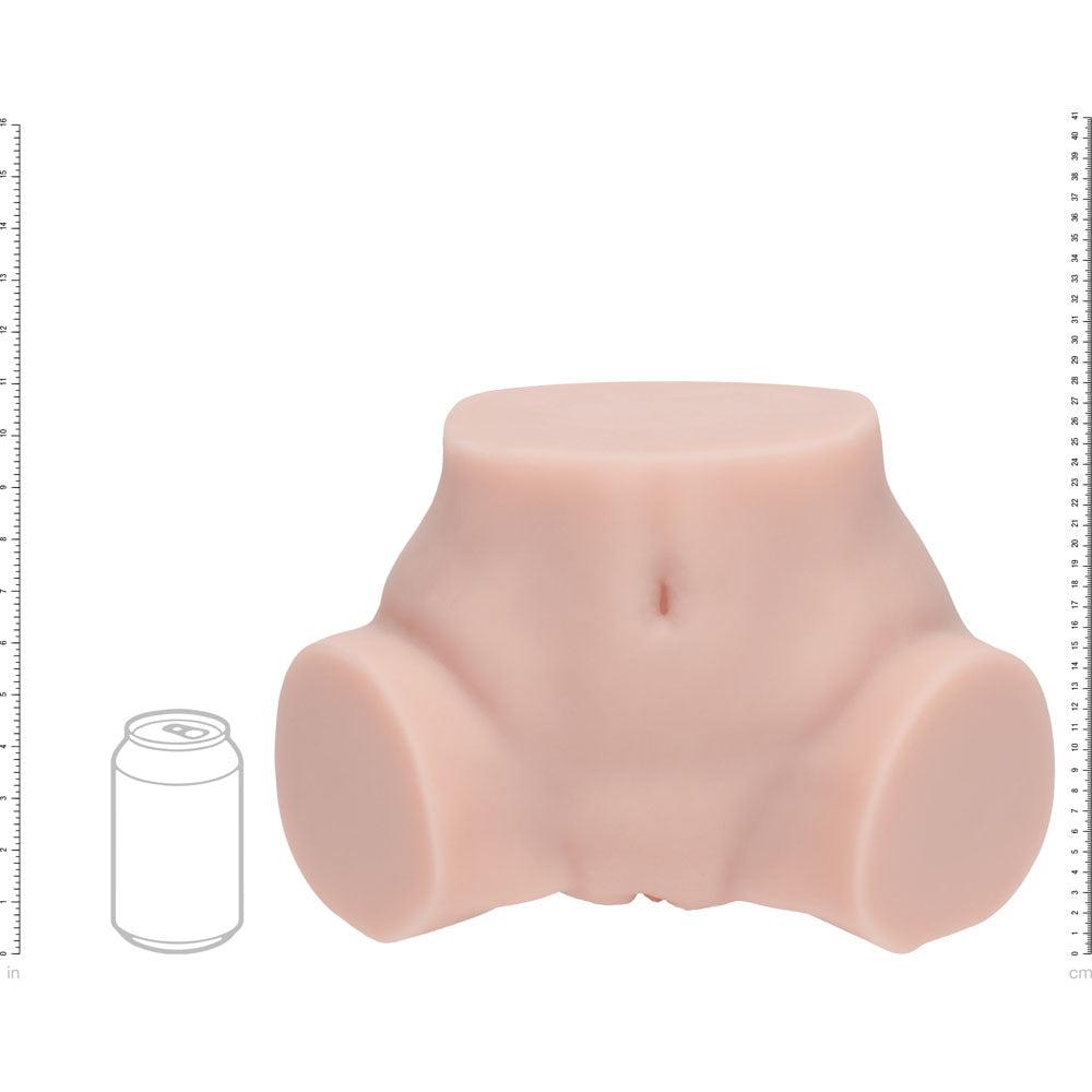 XKIN Bodyforms Ivy Lane Stroker, scale diagram sizing the torso against a drink can and rulers