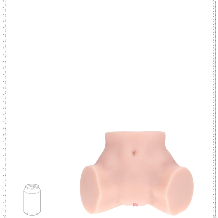 XKIN Bodyforms Bree Knox Stroker, scale diagram sizing the torso against a drink can and rulers