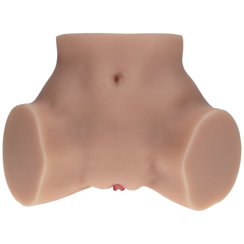 XKIN Bodyforms Valentina Vellure Stroker, front three-quarter view with the vulva at the base of the belly
