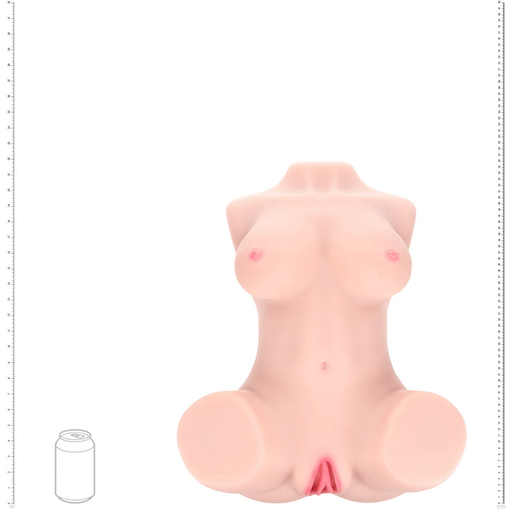 XKIN Bodyforms Ava Monroe Stroker, scale diagram sizing the torso against a drink can and rulers