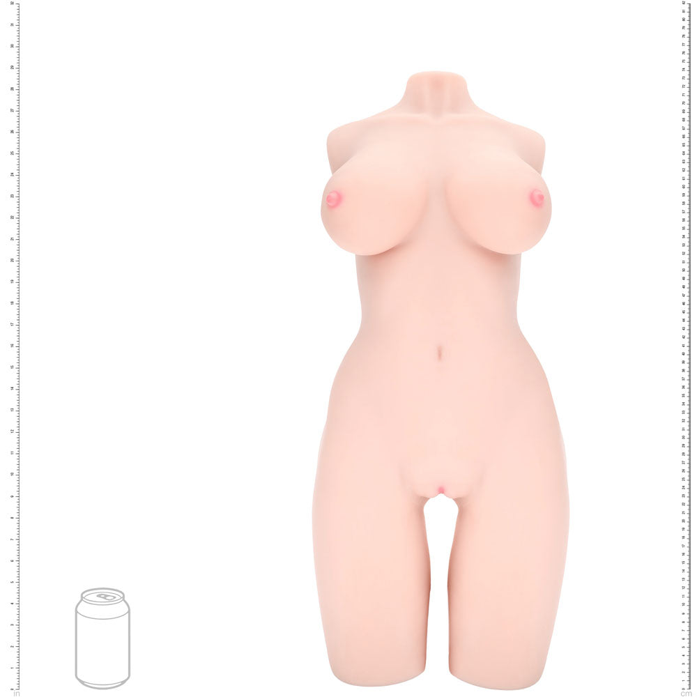 XKIN Bodyforms Lyla Rose Stroker, scale diagram sizing the torso against a drink can and rulers