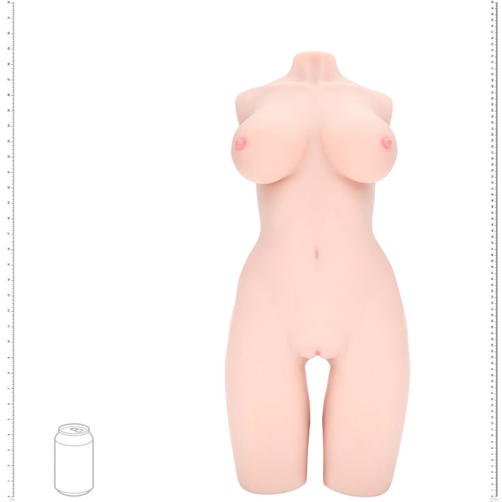 XKIN Bodyforms Lyla Rose Stroker, scale diagram sizing the torso against a drink can and rulers