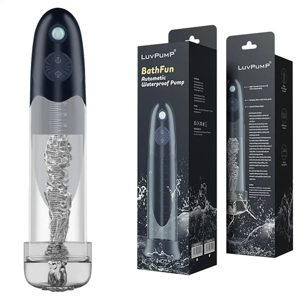 BathFun waterproof automatic pump with clear spiral sleeve, beside its black boxes