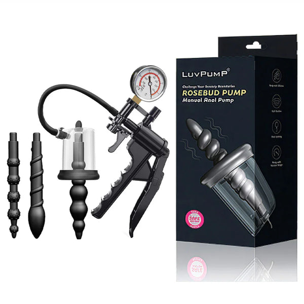 Rosebud manual anal pump with gauge trigger, cup and three probes, beside its box