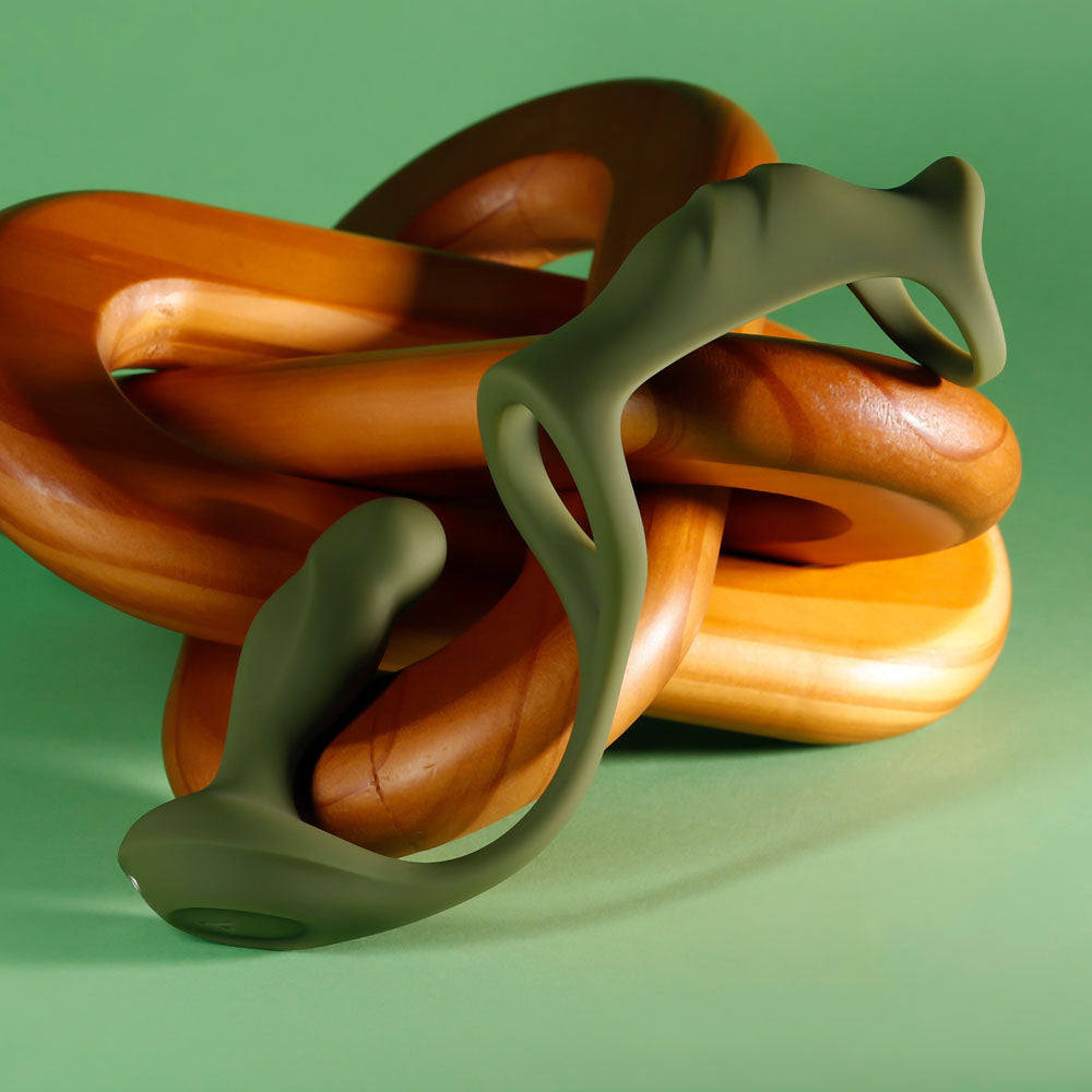 Prostate Power Pack looped over the wooden rings, rear three-quarter view